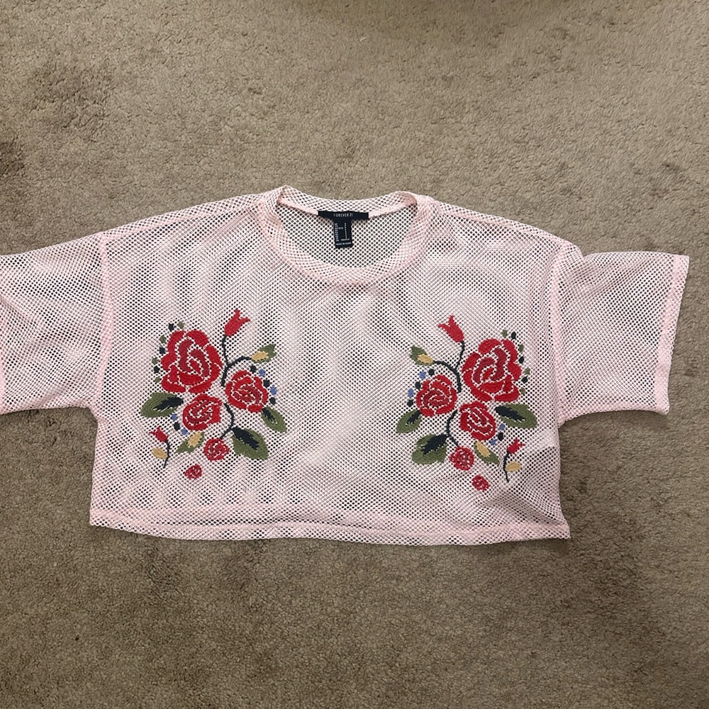 Forever 21 Pink Mesh Crop Top with Red Rose Embroidery
